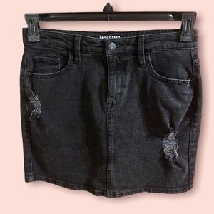 distressed black denim skirt